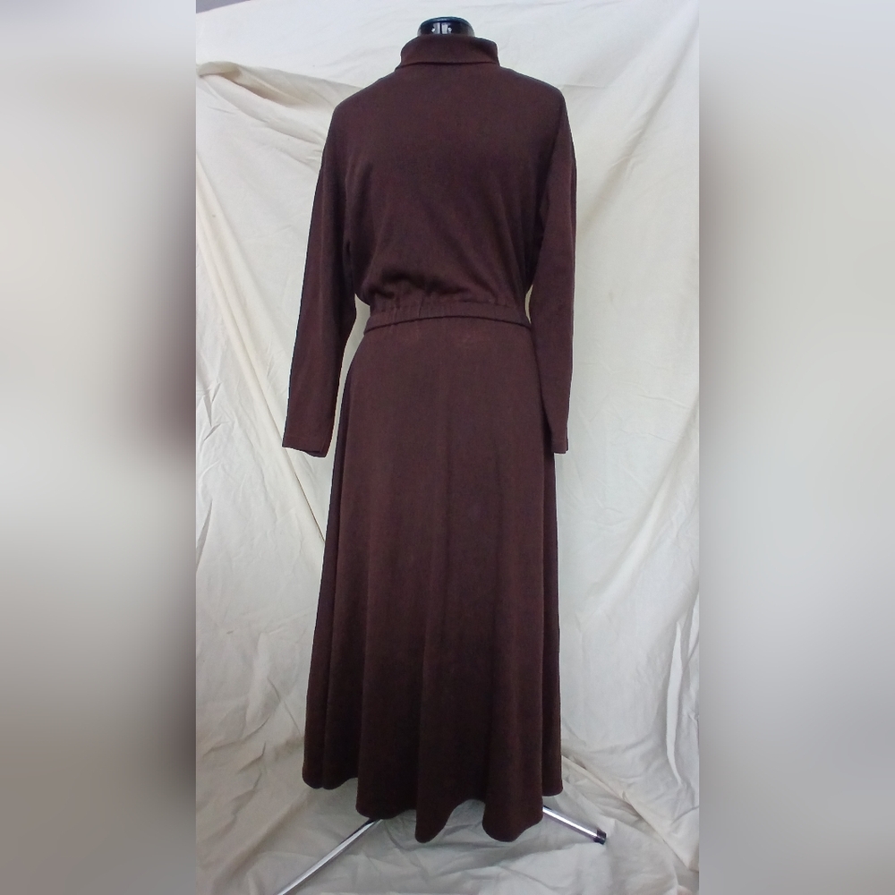 Vintage Fads Chocolate Brown Cotton Knit Midi Turtleneck Dress - Picture 1 of 10